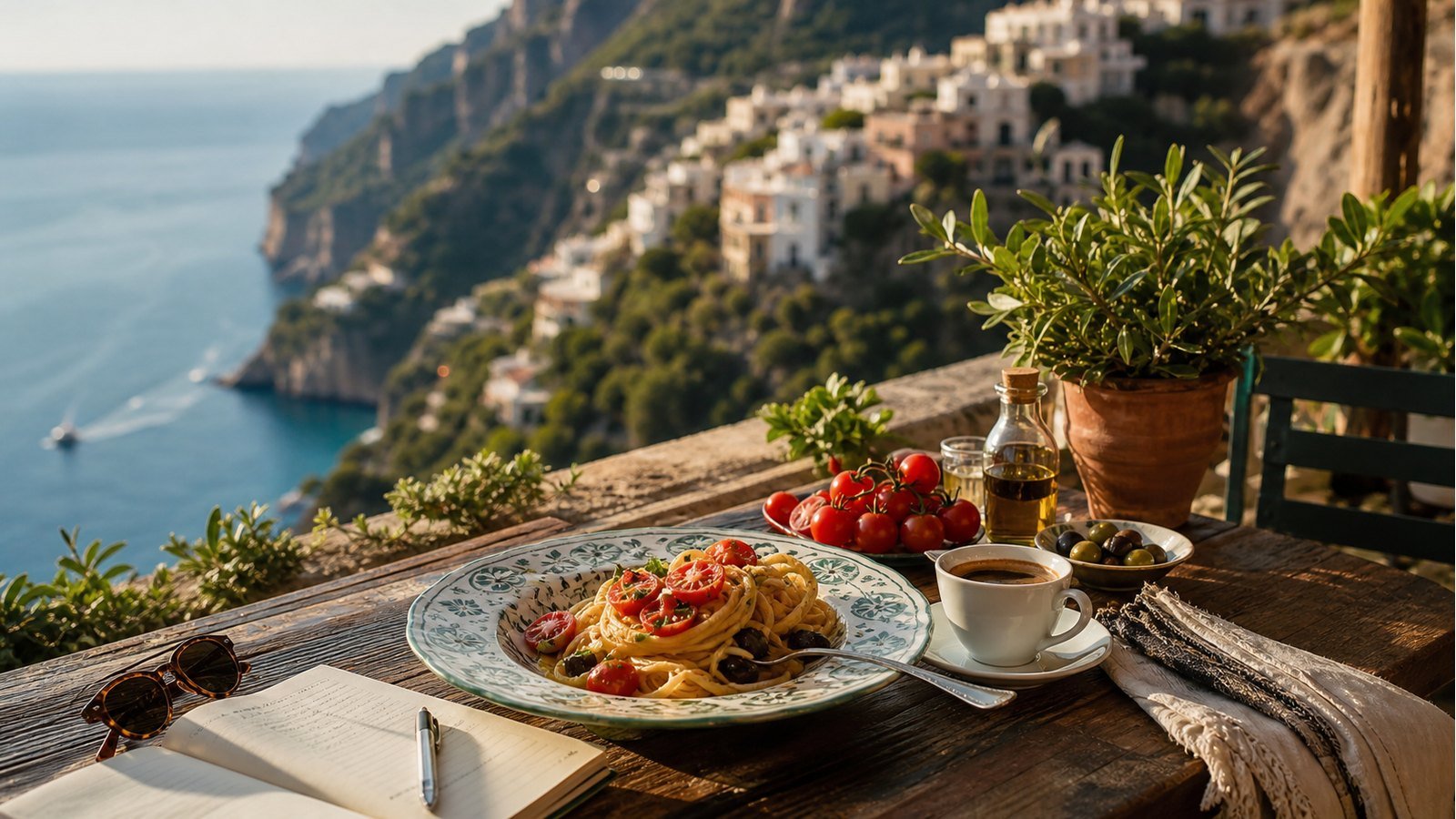 Mediterranean terrace with pasta, espresso and coastal travel view for Acerbo Livio Food and Travel